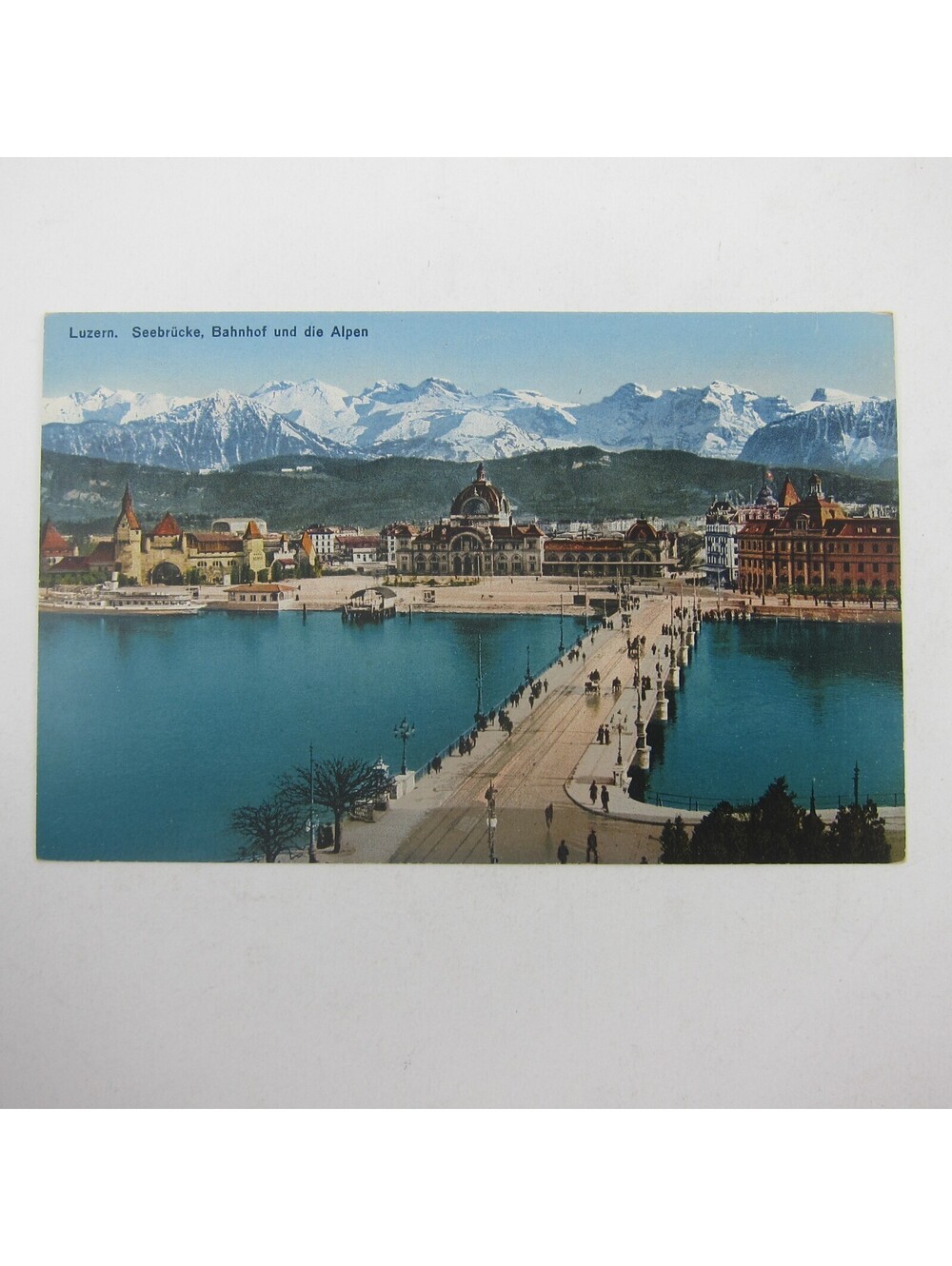 Postcard Lucerne Switzerland Seebrucke Luzern Bridge Train Station Alps Antique